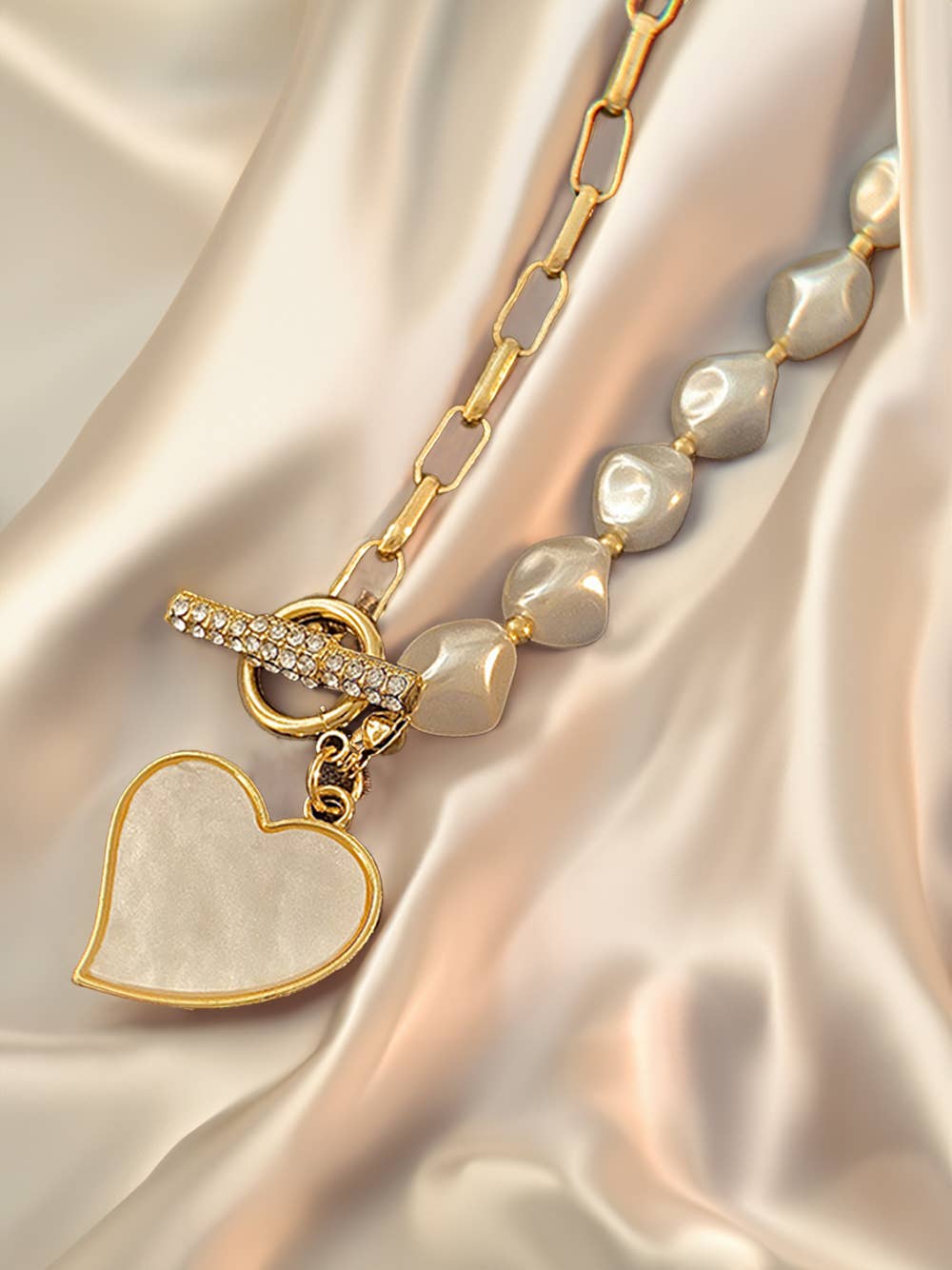 Heart Shape Pendant Rhinestone Decor Pearl Chain Necklace