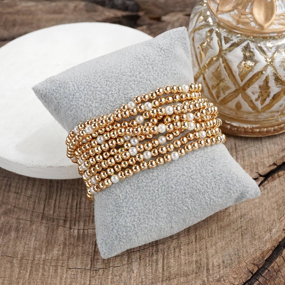 Classic Gold and Pearls Stretchy Bracelet Set – Set of 9