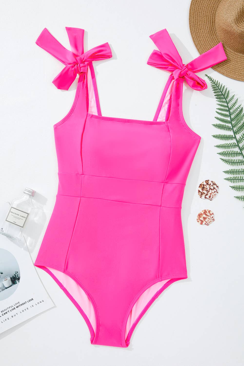 Square Neck Knotted Shoulder Open Back One Piece Swimsuit
