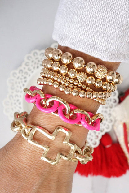 Multi size ball beaded bracelet stack Gold tone bracelet set