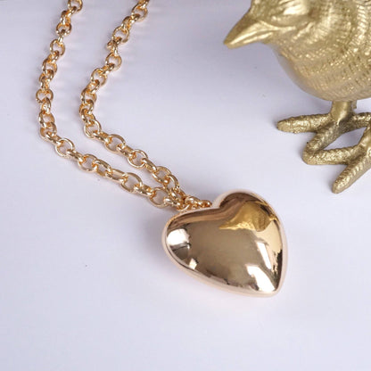 Long Minimal Chain Necklace with Puffy Heart – Gold or Silver Tone