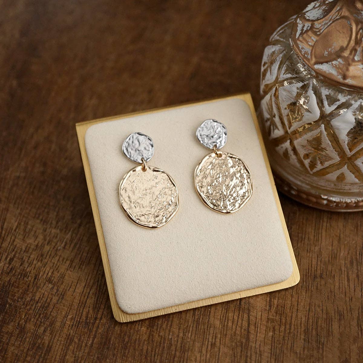 Golden Muse – Two Disc Textured Earrings