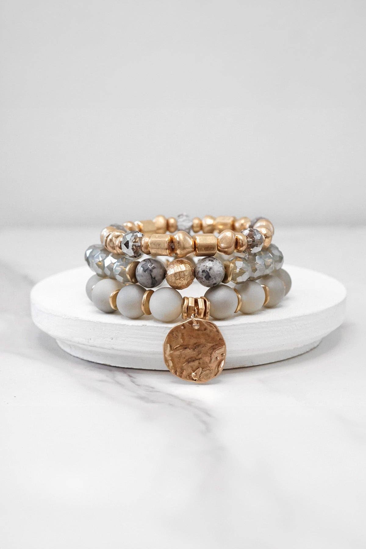 Boho Beads Coin Bracelets Statement set in Grey