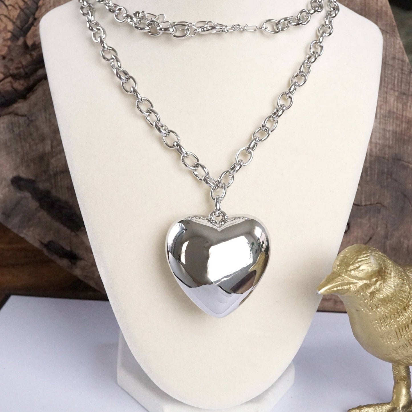 Long Minimal Chain Necklace with Puffy Heart – Gold or Silver Tone
