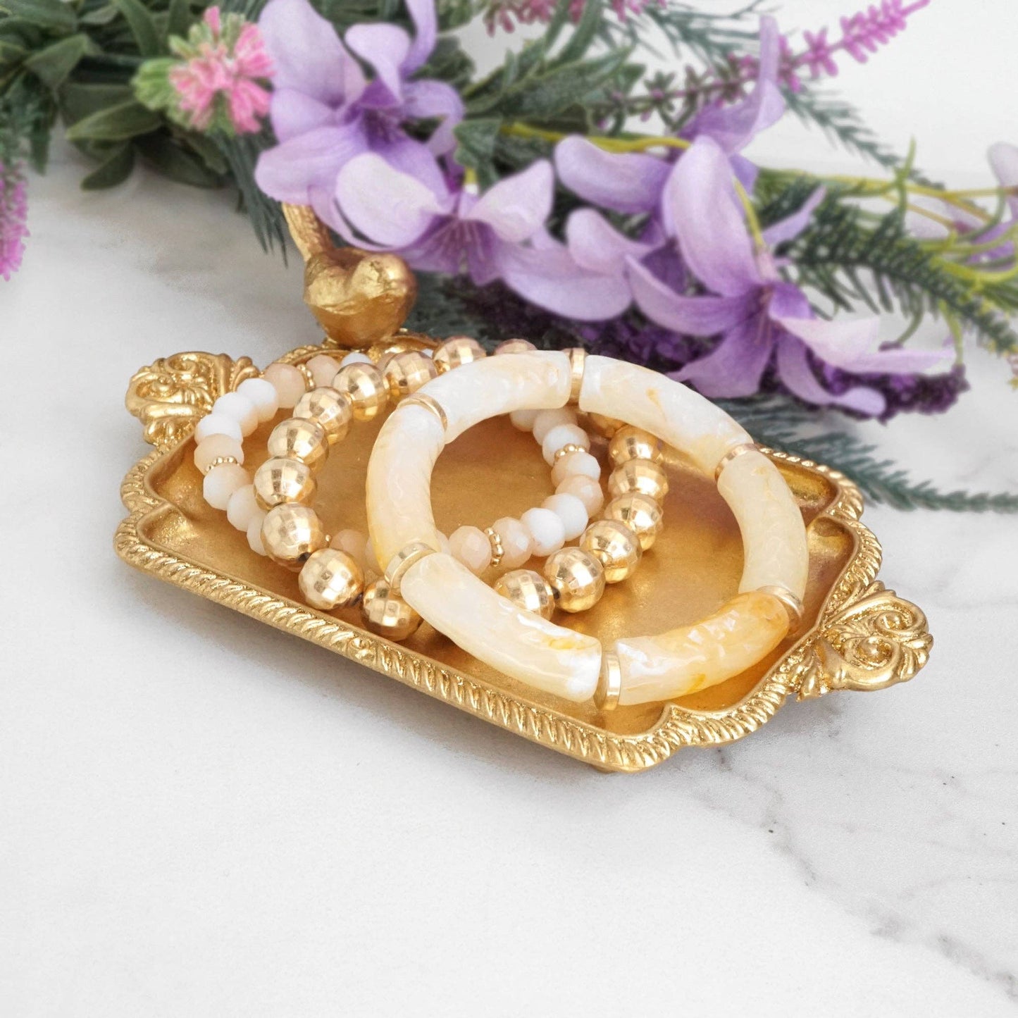 Bracelet Stack of 3 pieces Neutrals Acrylic Tubes Glass and Golden beads