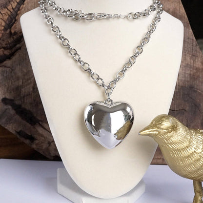 Long Minimal Chain Necklace with Puffy Heart – Gold or Silver Tone