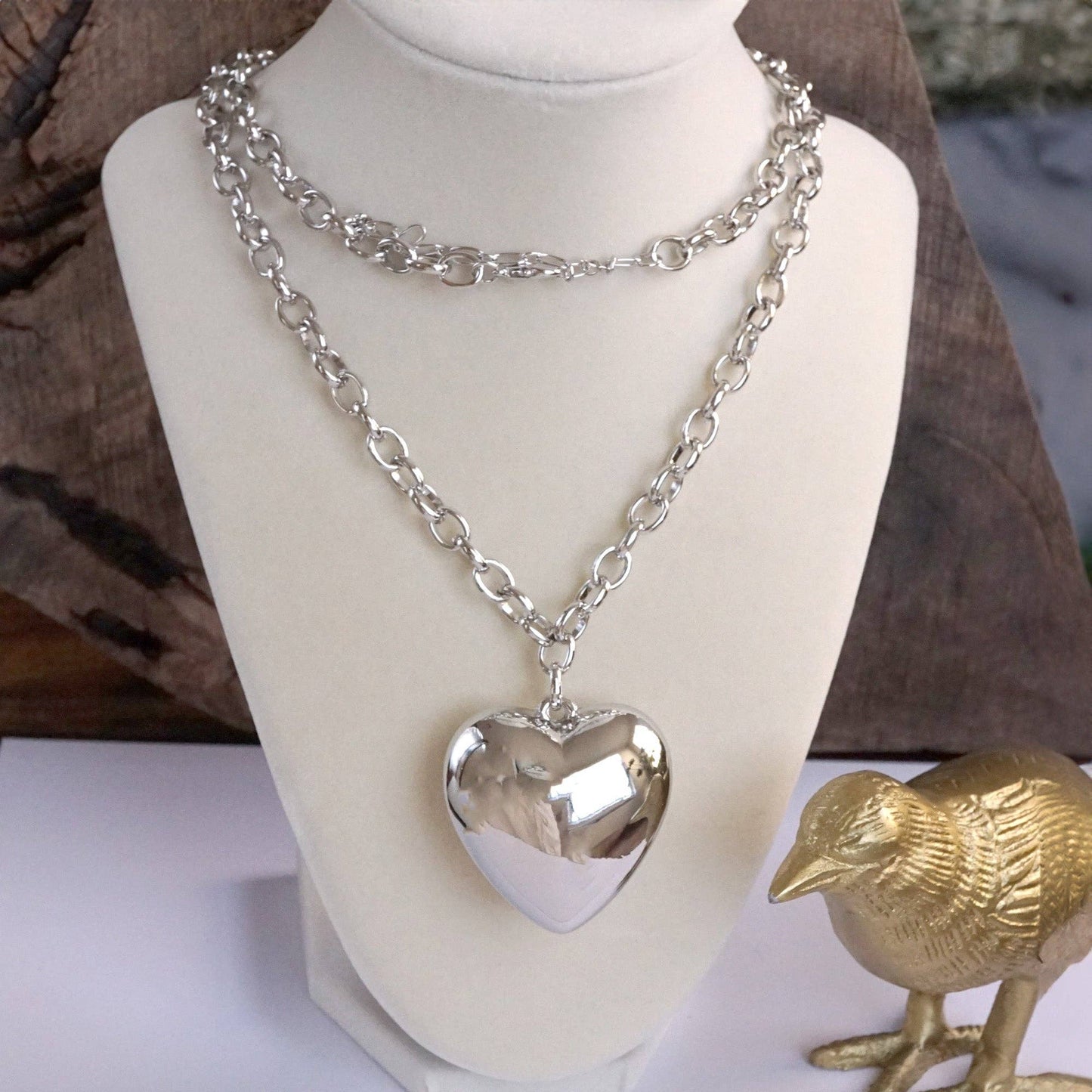 Long Minimal Chain Necklace with Puffy Heart – Gold or Silver Tone