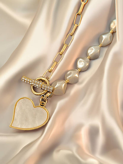 Heart Shape Pendant Rhinestone Decor Pearl Chain Necklace