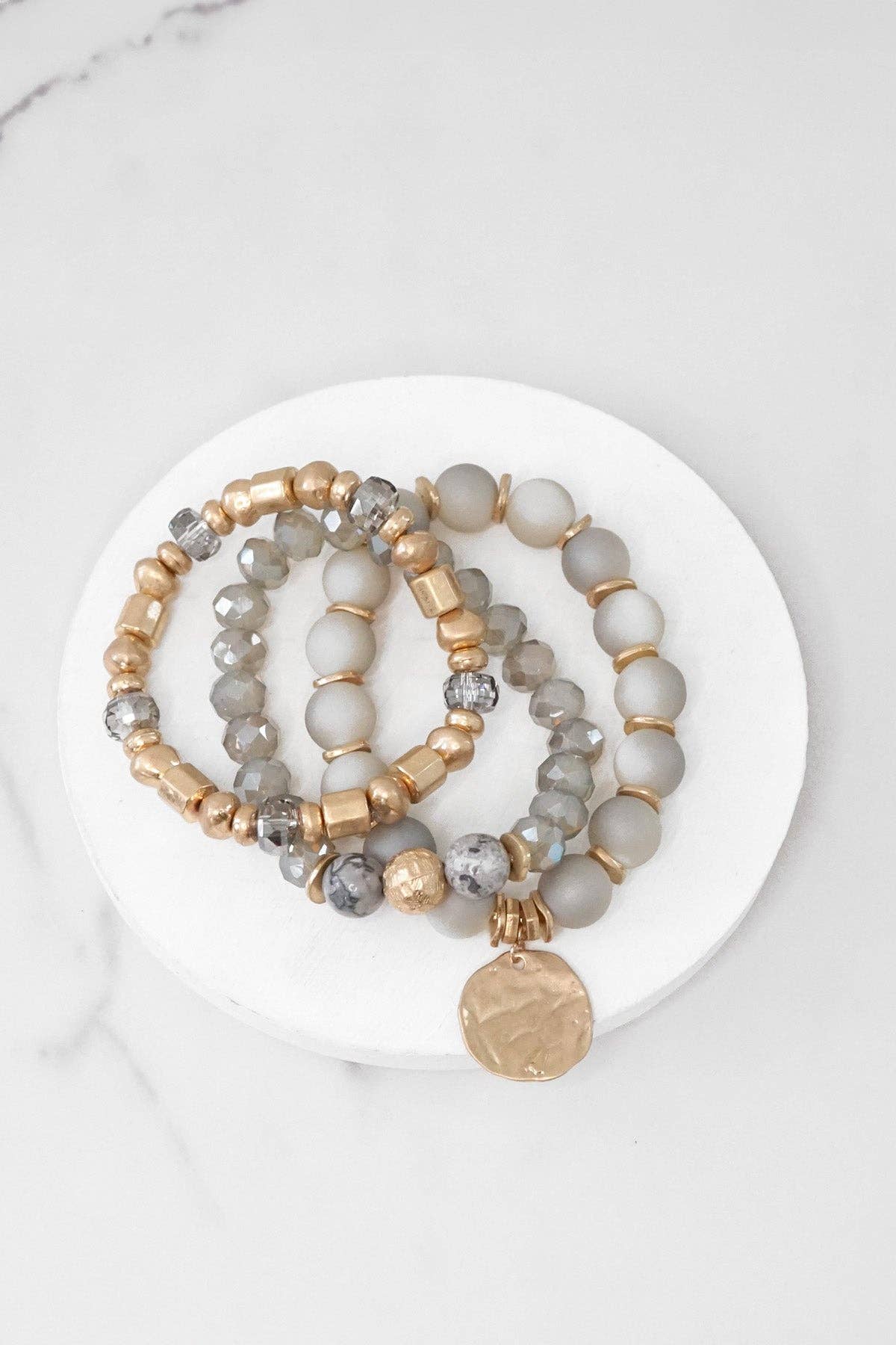 Boho Beads Coin Bracelets Statement set in Grey