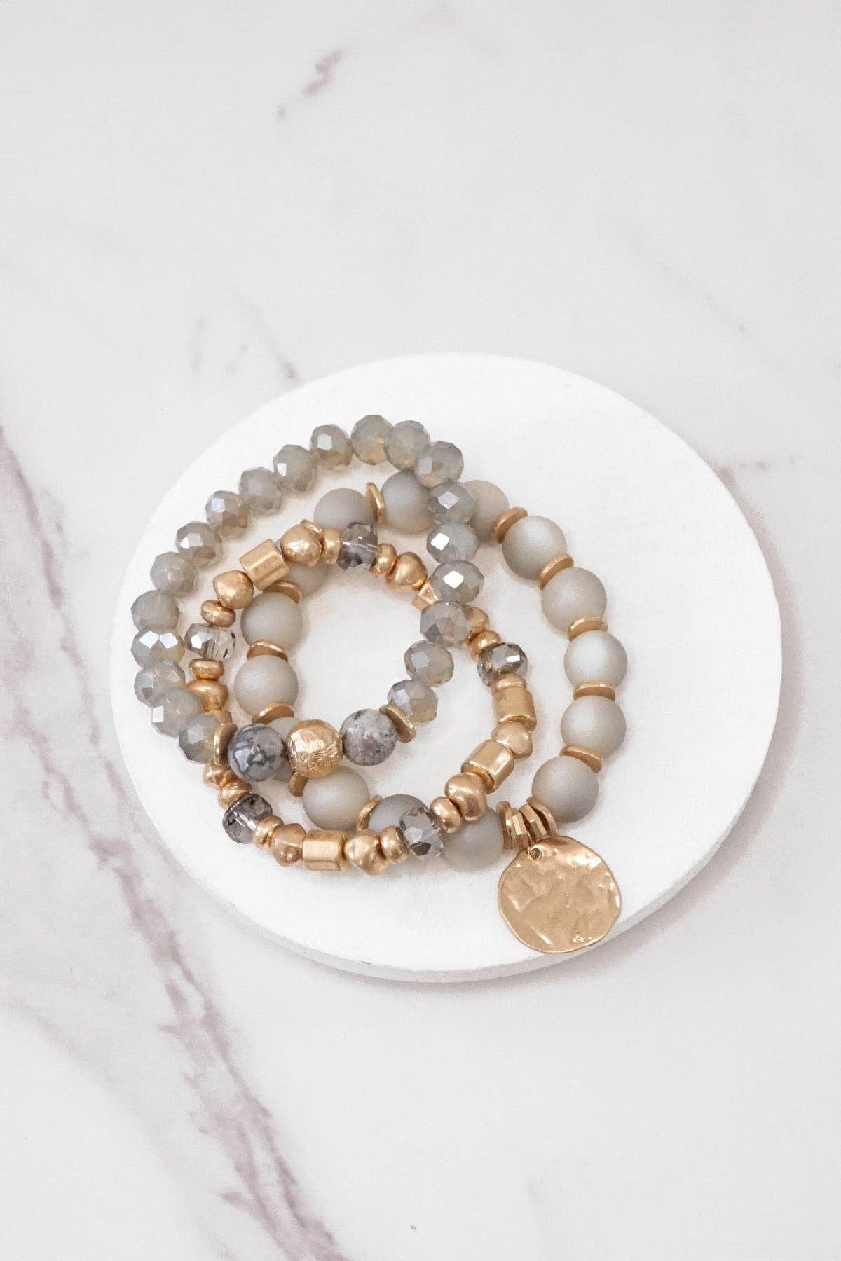 Boho Beads Coin Bracelets Statement set in Grey