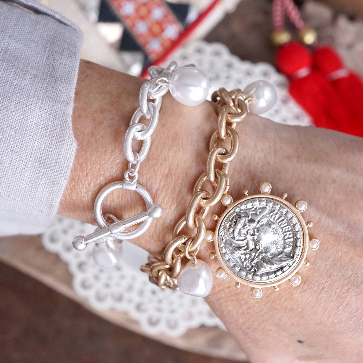 Boho Coin and Pearl Charms Statement Bracelet – Gold and Silver Tone