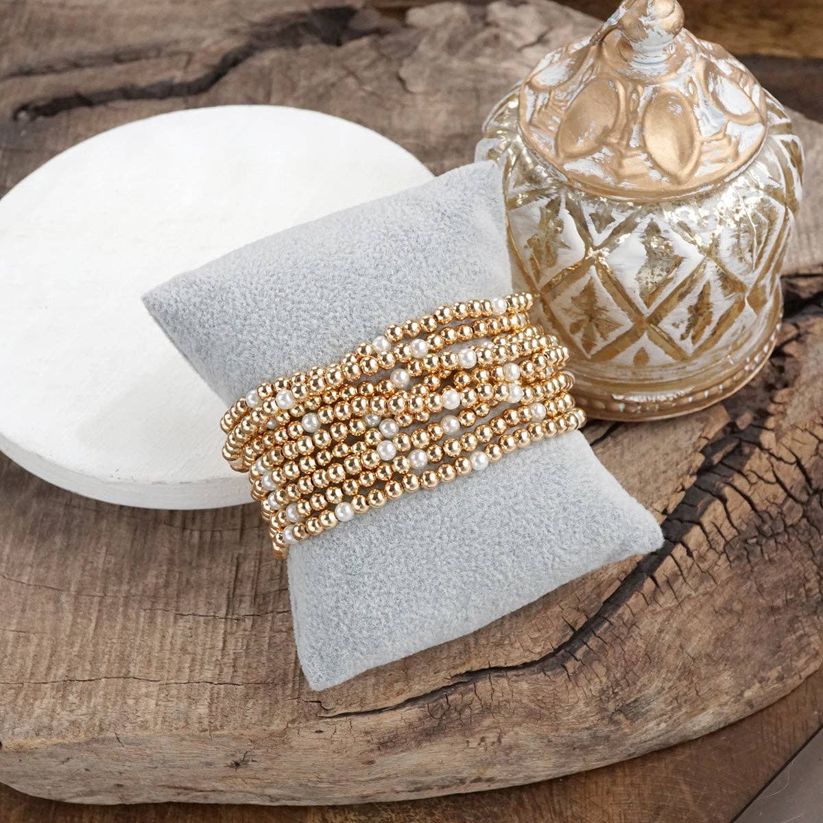Classic Gold and Pearls Stretchy Bracelet Set – Set of 9