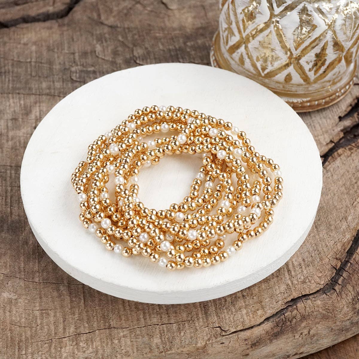 Classic Gold and Pearls Stretchy Bracelet Set – Set of 9