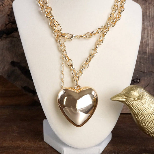 Long Minimal Chain Necklace with Puffy Heart – Gold or Silver Tone