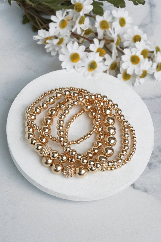 Multi size ball beaded bracelet stack Gold tone bracelet set