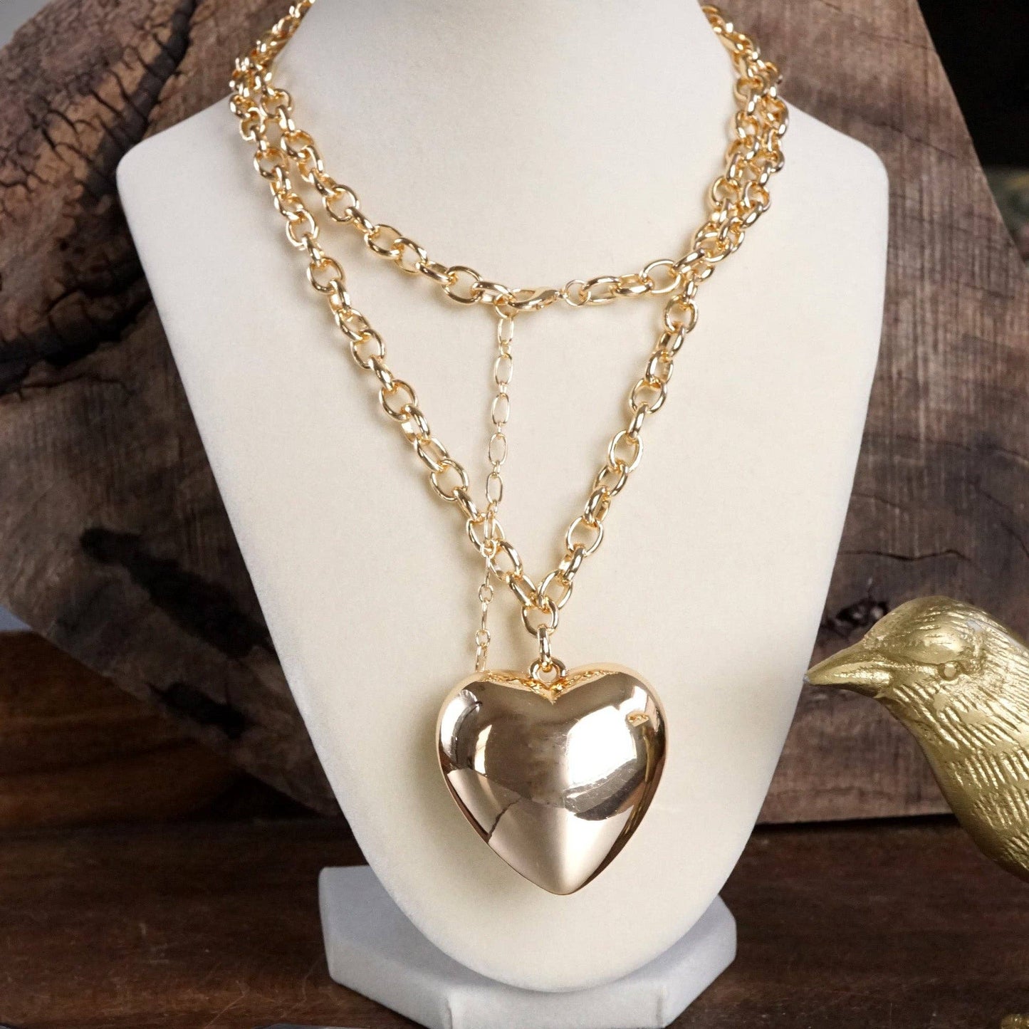 Long Minimal Chain Necklace with Puffy Heart – Gold or Silver Tone