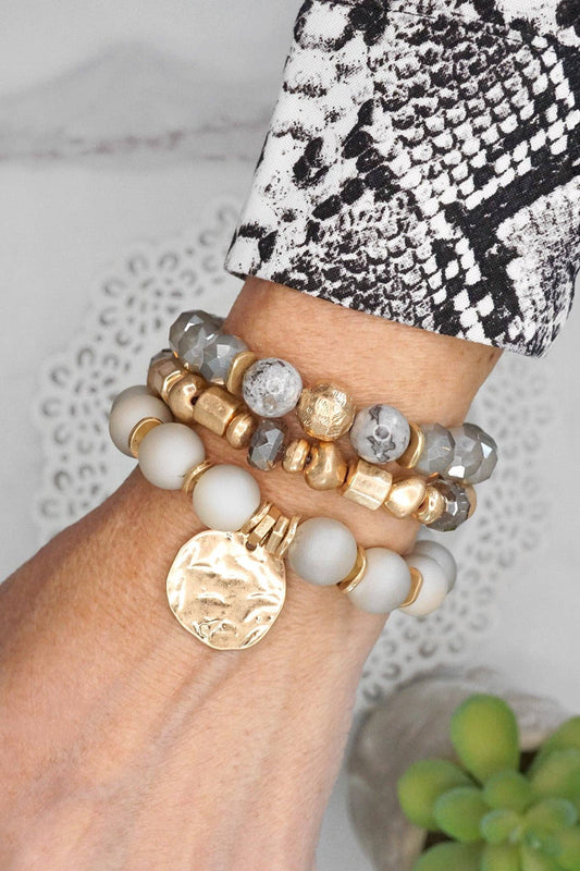 Boho Beads Coin Bracelets Statement set in Grey