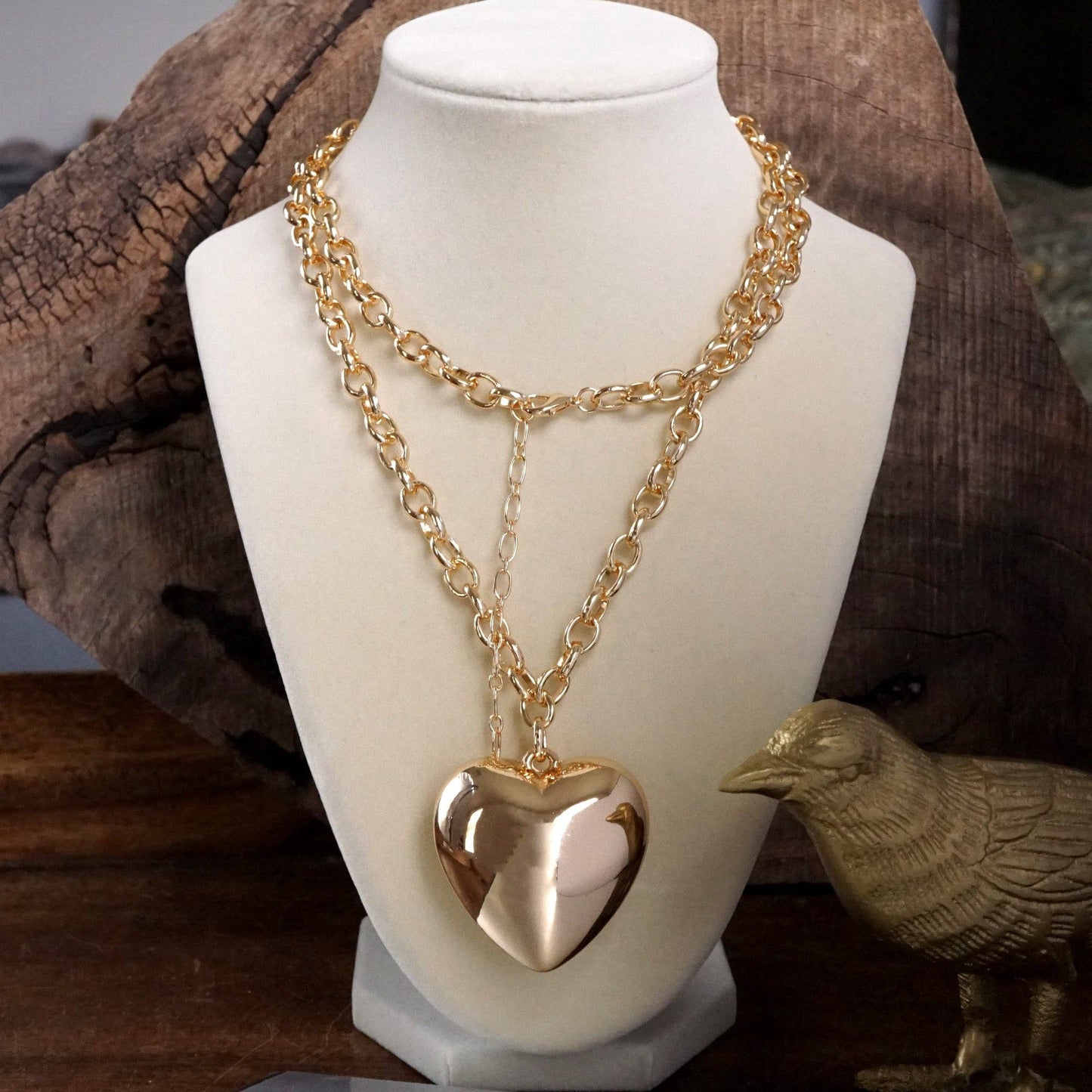 Long Minimal Chain Necklace with Puffy Heart – Gold or Silver Tone