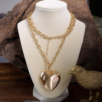Long Minimal Chain Necklace with Puffy Heart – Gold or Silver Tone