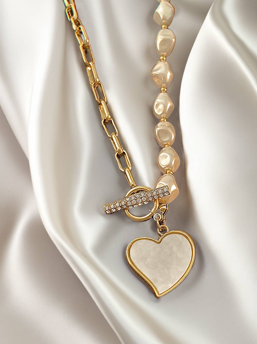 Heart Shape Pendant Rhinestone Decor Pearl Chain Necklace
