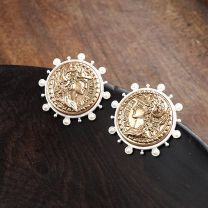 Boho Coin Statement Stud Earrings – Silver and Gold Tone