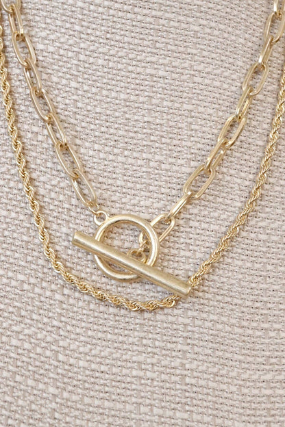 Front Toggle Closure Necklace Multi Layer Chain in Gold Tone
